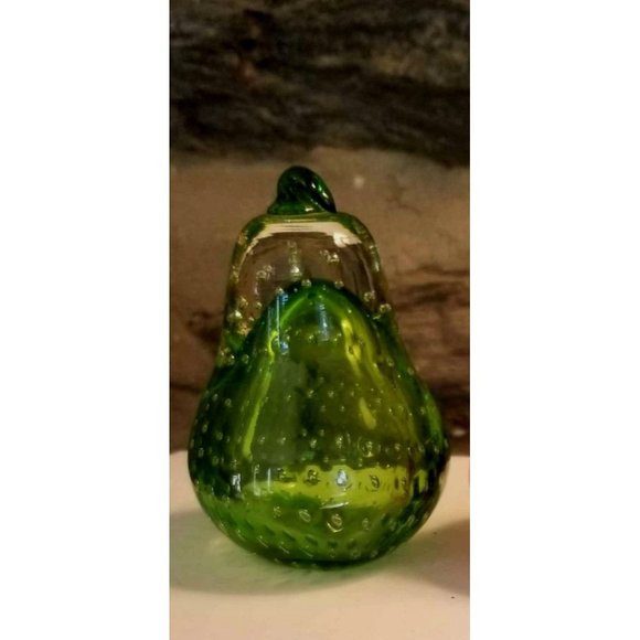 Vintage Handblown Bubble Glass Paperweights Ruby Red, Green Pear Set 4"x3.5" - Picture 2 of 4